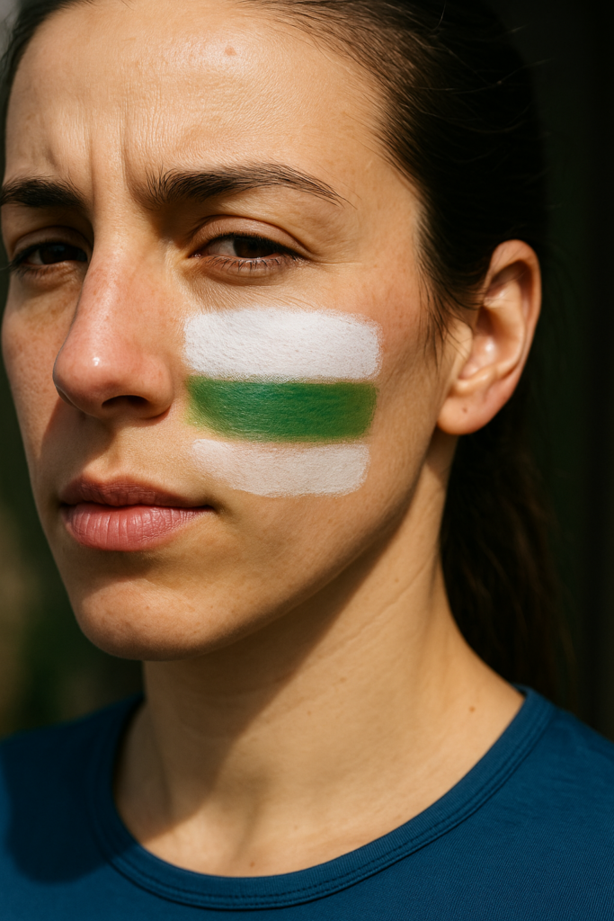 Visage d'une femme avec trois couleurs de crèmes solaires sur la joue 