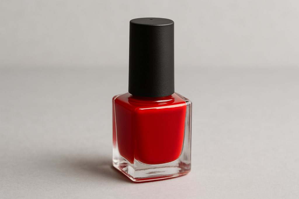 Flacon de vernis rouge sur fond gris 
