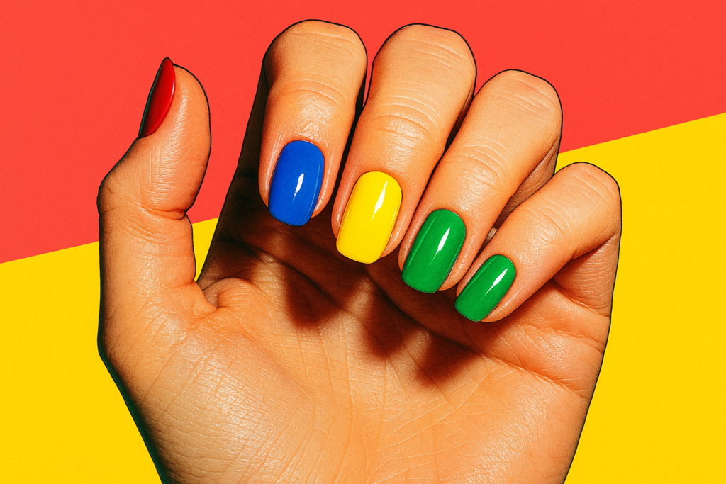 Main avec du vernis de couleurs différentes sur un fond rouge et jaune