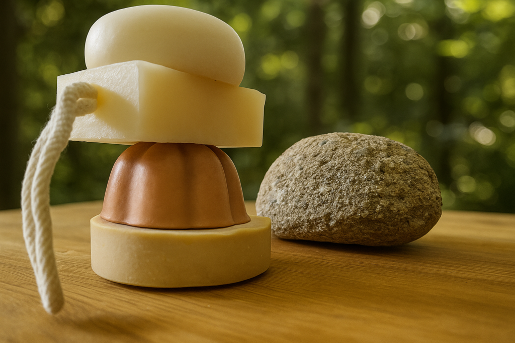 Cosmétique solide empiler avec un caillou et un fond naturel