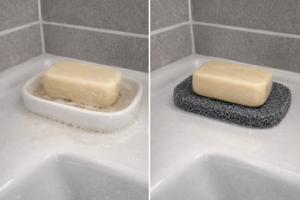 Avant : savon solide mou sur coupelle plate avec eau stagnante- Après : savon solide plus sec sur porte-savon drainant sans flaque