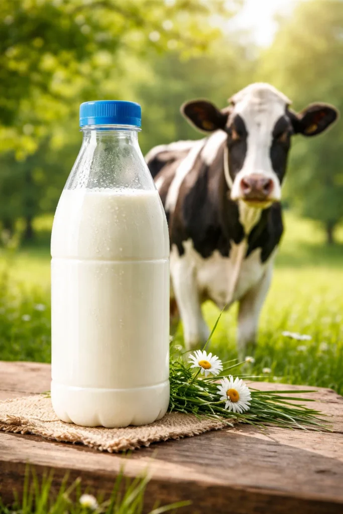 Bouteille de lait avec une vache en fond dans un champ