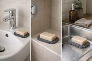 Savon solide qui sèche sur un porte-savon drainant SoapSit (open mesh) sur lavabo