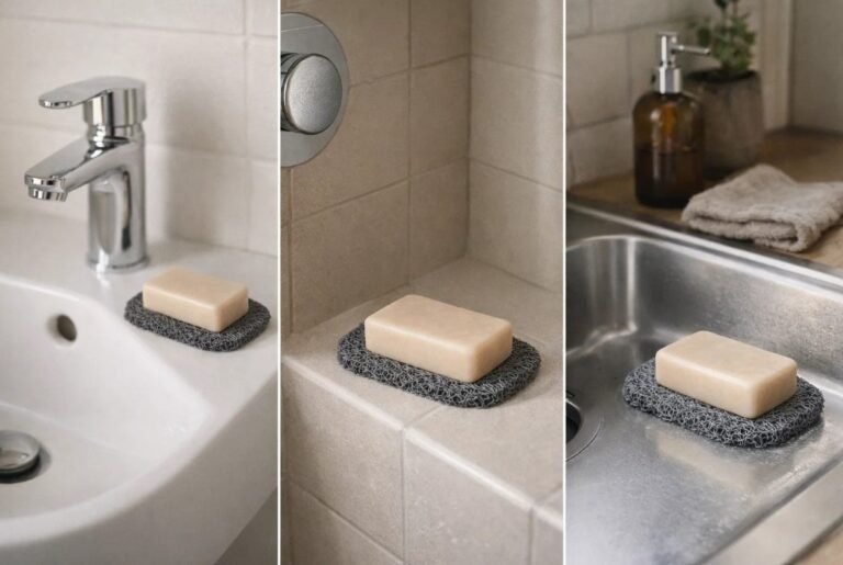 Savon solide qui sèche sur un porte-savon drainant SoapSit (open mesh) sur lavabo