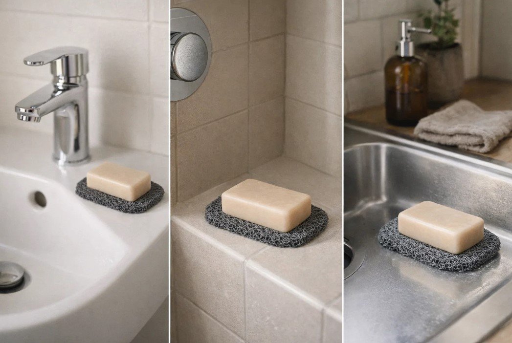 Savon solide qui sèche sur un porte-savon drainant SoapSit (open mesh) sur lavabo