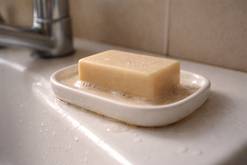 Savon solide qui fond sur une coupelle plate avec flaque d’eau savonneuse